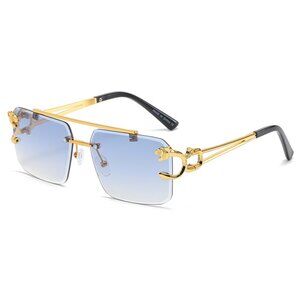 Men Sunglasses Hip Hop Gold Blue Lens Small Retro Designer Rimless Shaded Lentes